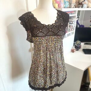Brown floral cottagecore babydoll top / mini dress with crochet details